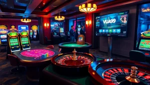 Exciting gaming action at VUA99 showcasing a vibrant casino table and slot machines.