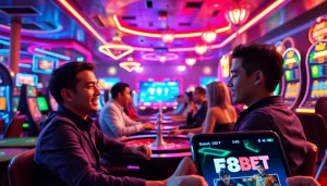 Exciting F8BET online gambling scene with vibrant casino gaming elements and mobile app integration.