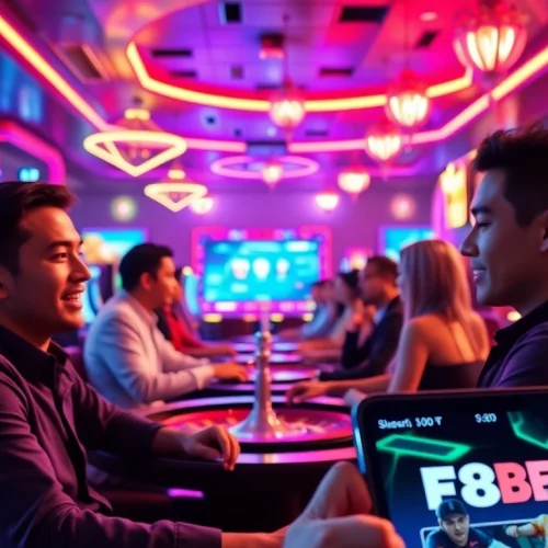 Exciting F8BET online gambling scene with vibrant casino gaming elements and mobile app integration.