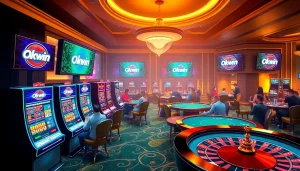 Exciting online gambling scene with Okwin branding and vibrant casino elements.