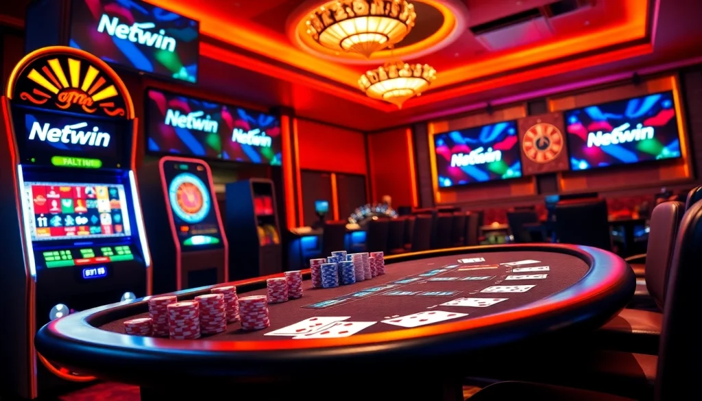 Experience Netwin excitement at a luxurious casino with vibrant poker tables, slot machines, and roulette wheels.