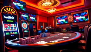 Experience Netwin excitement at a luxurious casino with vibrant poker tables, slot machines, and roulette wheels.