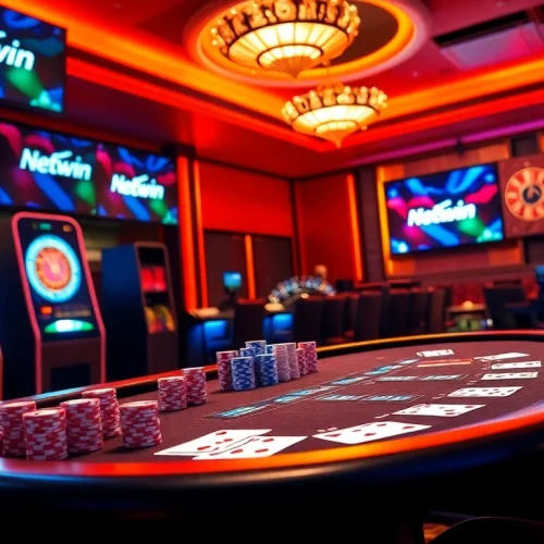 Experience Netwin excitement at a luxurious casino with vibrant poker tables, slot machines, and roulette wheels.