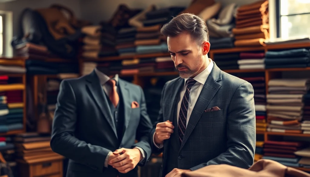 Tailor made bespoke suits being crafted by a skilled artisan in a workshop.