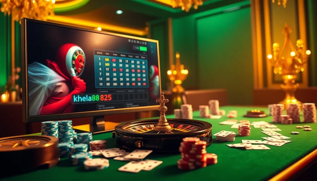 Experience the thrill of khela88 লগইন করুন in a vibrant online casino scene with poker chips, cards, and roulette.