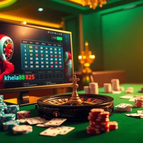 Experience the thrill of khela88 লগইন করুন in a vibrant online casino scene with poker chips, cards, and roulette.