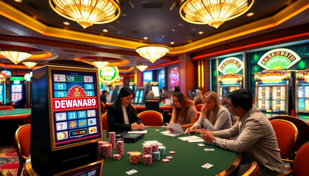 Adegan menarik dari login slot DEWANAGA89 dengan beragam pemain di meja kasino yang dinamis, menampilkan kegembiraan.