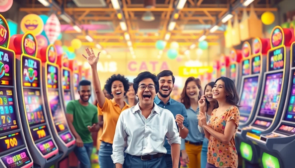 Pemain bahagia merayakan kemenangan di petani toto, menampilkan mesin slot berwarna cerah.