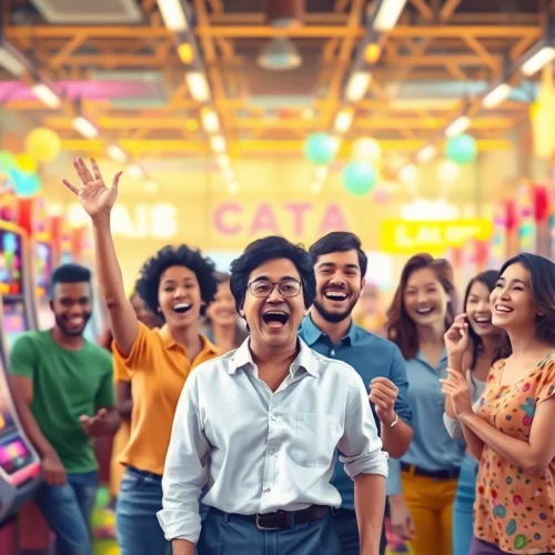 Pemain bahagia merayakan kemenangan di petani toto, menampilkan mesin slot berwarna cerah.