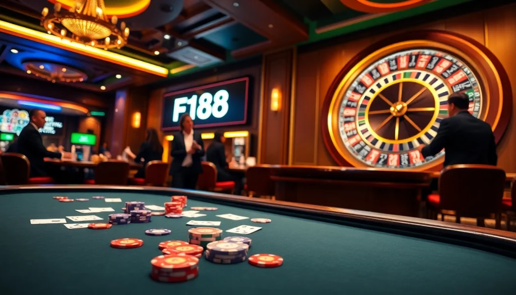 F168 online gamers enjoying poker with elegant casino ambiance and vibrant chips.
