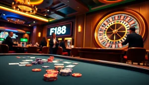 F168 online gamers enjoying poker with elegant casino ambiance and vibrant chips.