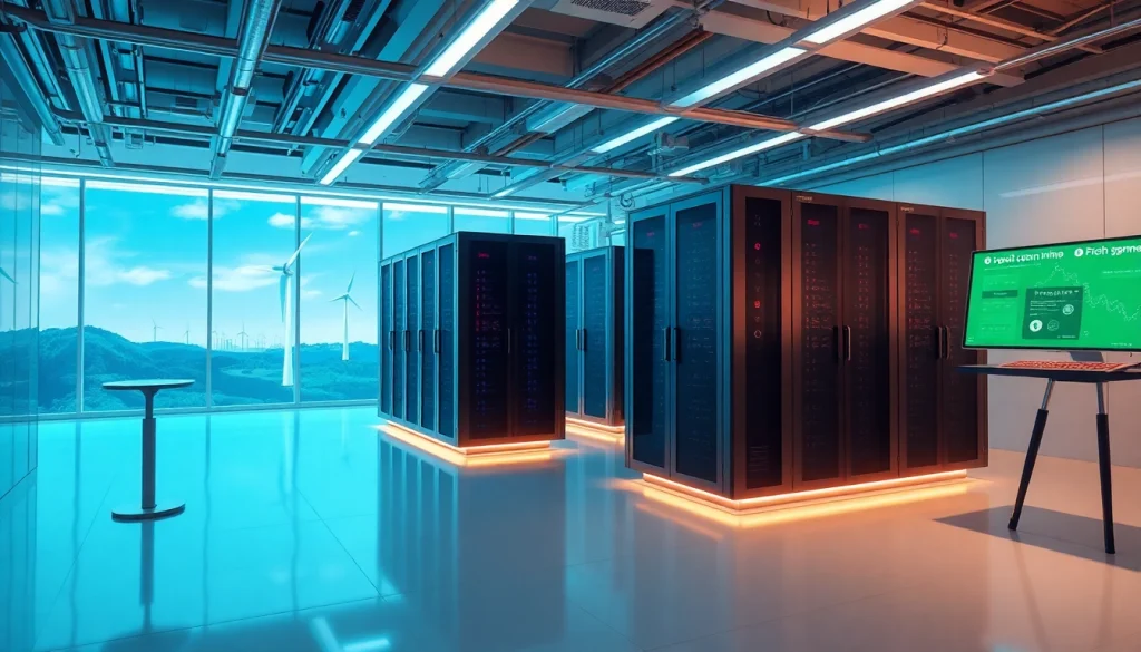 Cloud crypto mining facility showcasing advanced technology and renewable energy sources for sustainable operations.