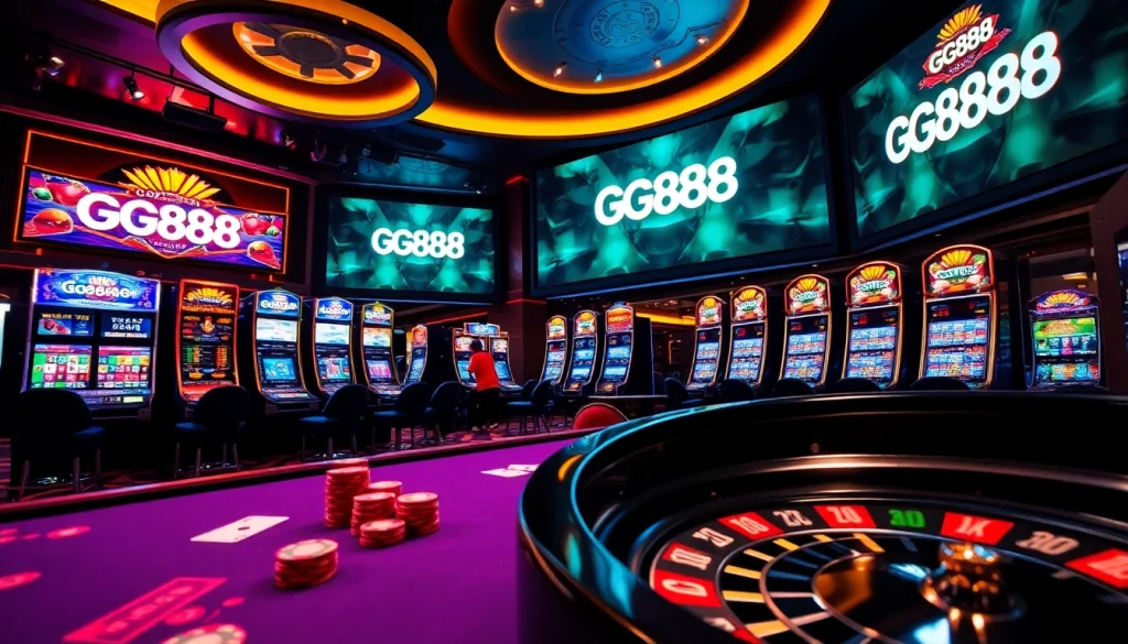 Exciting casino environment with GG888 branding, vibrant gaming tables, and slot machines.