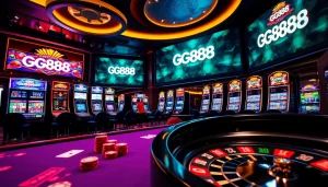 Exciting casino environment with GG888 branding, vibrant gaming tables, and slot machines.