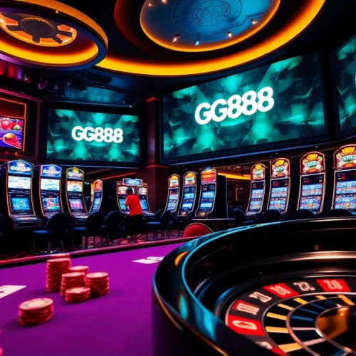 Exciting casino environment with GG888 branding, vibrant gaming tables, and slot machines.