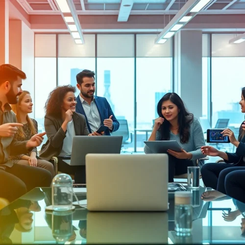 Dynamic teamwork in an AI startup environment showcasing collaboration and innovation.