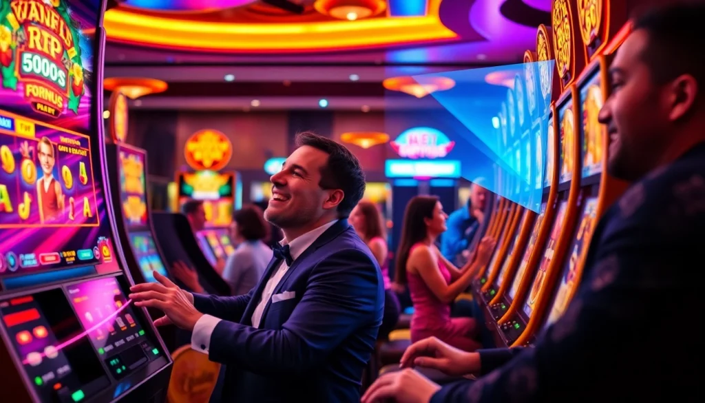 Excited players enjoying slot hoki games in a vibrant casino atmosphere