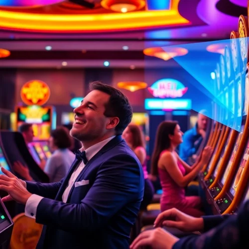 Excited players enjoying slot hoki games in a vibrant casino atmosphere