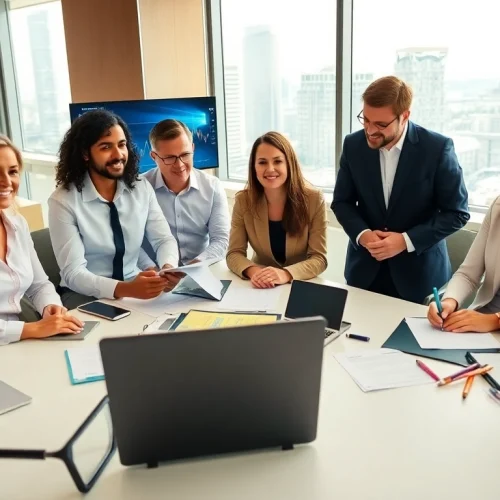 Professional team discussing SMSF tax return strategies in a modern office