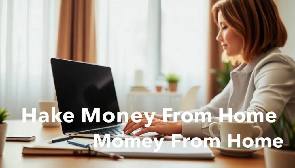 Earn money online by participating in surveys at https://enqueteplein.nl, depicted with a woman working at her desk.