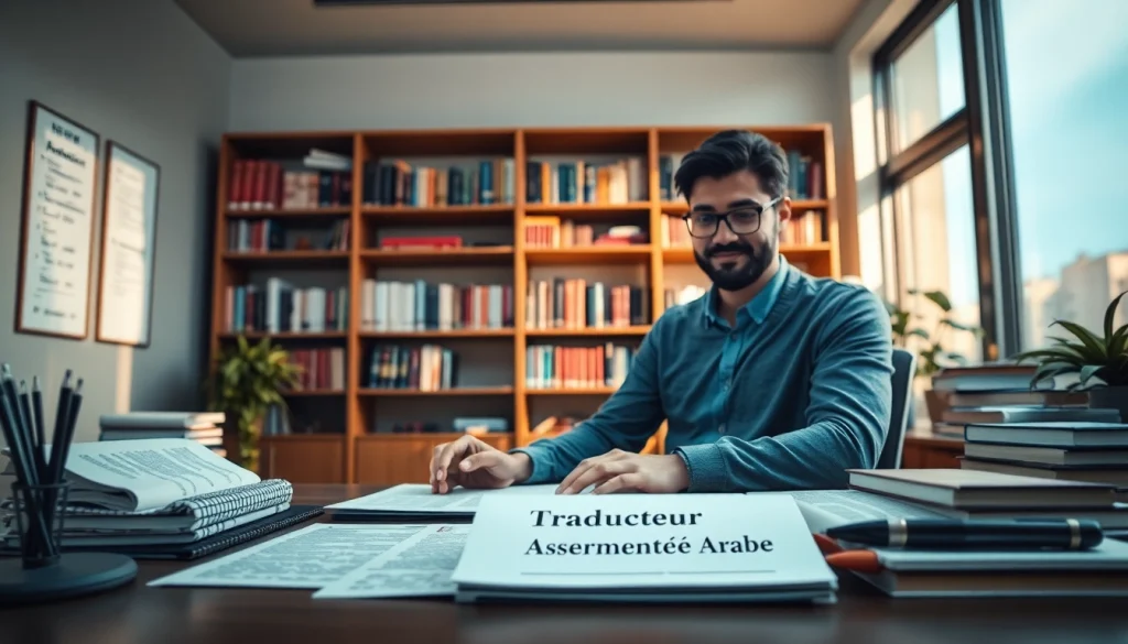 Traducteur assermenté arabe dans un cadre professionnel, en train de traduire des documents officiels.