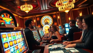 Players enjoying exciting online slots at a luxurious casino setting, showcasing vibrant slot machines.