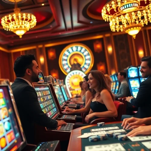 Players enjoying exciting online slots at a luxurious casino setting, showcasing vibrant slot machines.