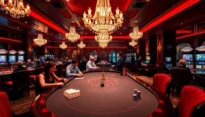 Exciting casino scene showcasing gambling activities at https://topclub.space/, featuring players at blackjack and roulette.