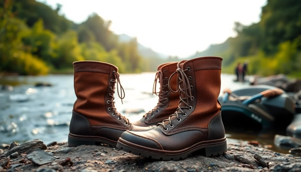Person wearing Fly fishing boots while standing in a river, showcasing their design and functionality.