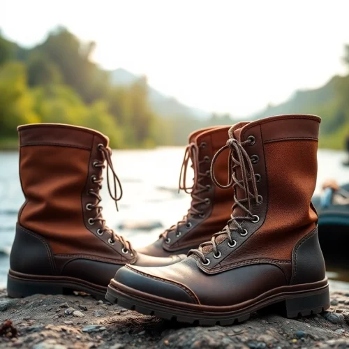 Person wearing Fly fishing boots while standing in a river, showcasing their design and functionality.
