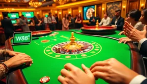 Thu hút người chơi cá cược trong một cảnh sòng bạc động với liên kết W88 hiển thị trên các thiết bị.