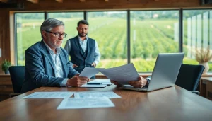 Consulting agriculture lawyer reviewing documents with a farmer in a bright office.