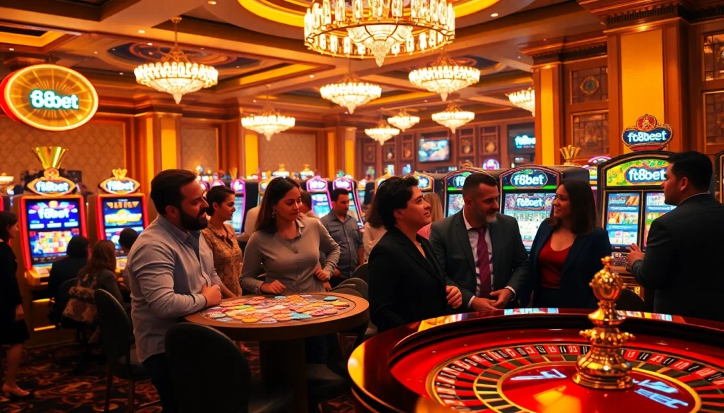 Excited players enjoying casino games in a vibrant f8bet-themed setting, showcasing luxury and thrill.
