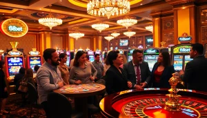 Excited players enjoying casino games in a vibrant f8bet-themed setting, showcasing luxury and thrill.