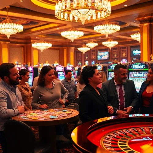 Excited players enjoying casino games in a vibrant f8bet-themed setting, showcasing luxury and thrill.