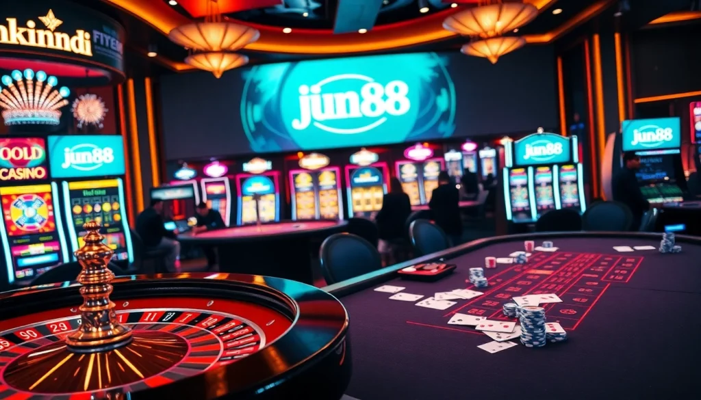 Experience excitement at Jun88, featuring casino tables and slots for thrilling gambling.