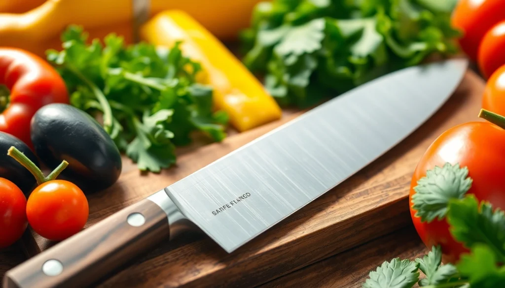 Use chef’s knife NZ for precision cutting while preparing fresh vegetables on a wooden surface.