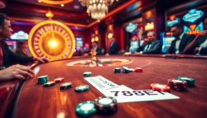 Players engaging in a thrilling poker game at 789BET casino with vibrant slot machines in view.