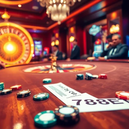 Players engaging in a thrilling poker game at 789BET casino with vibrant slot machines in view.
