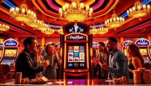Engaged players enjoying a thrilling doaslot slot machine game in a luxurious casino atmosphere