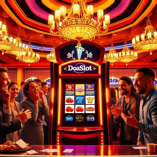 Engaged players enjoying a thrilling doaslot slot machine game in a luxurious casino atmosphere