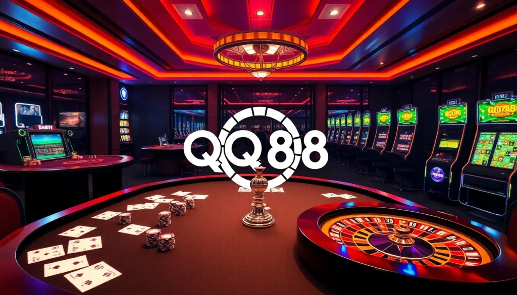 Engage with the exciting qq88 link mới while experiencing a luxurious casino atmosphere filled with tables and slot machines.