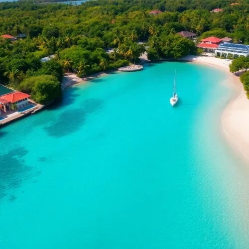 Beautiful aerial view of Ambergris Caye, showcasing Remax Belize properties amid turquoise waters.