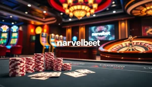 Marvelbet enhances the thrill with a vibrant casino scene showcasing poker chips and roulette.