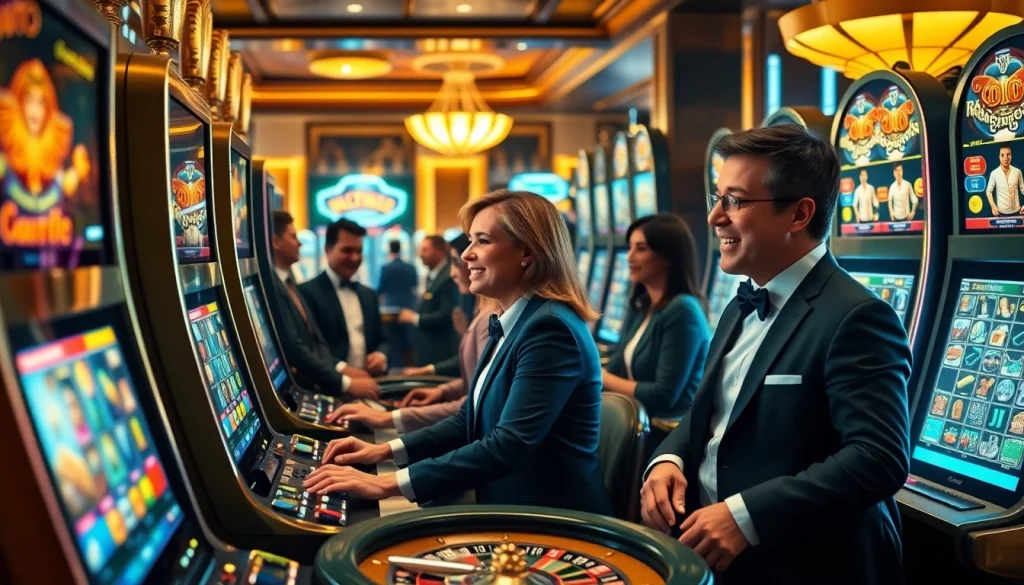 Players enjoying the thrill of obraltoto slot machines in a luxurious casino setting.