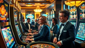 Players enjoying the thrill of obraltoto slot machines in a luxurious casino setting.