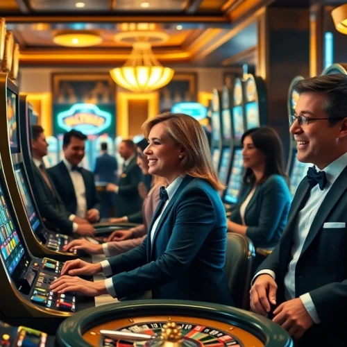 Players enjoying the thrill of obraltoto slot machines in a luxurious casino setting.