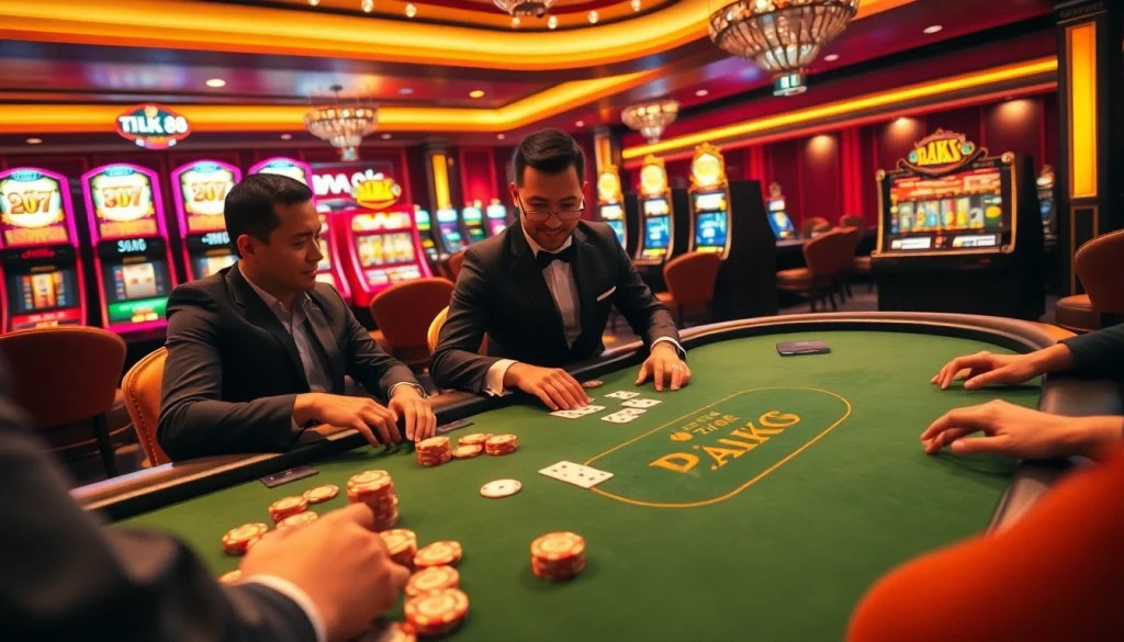 Trải nghiệm lối chơi đầy phấn khích tại Tik 88 trong một không gian casino sang trọng, làm nổi bật các máy đánh bạc sôi động và hành động poker.