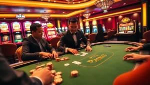 Trải nghiệm lối chơi đầy phấn khích tại Tik 88 trong một không gian casino sang trọng, làm nổi bật các máy đánh bạc sôi động và hành động poker.