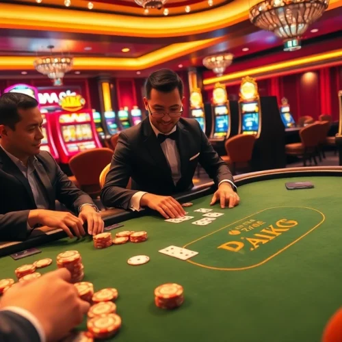 Trải nghiệm lối chơi đầy phấn khích tại Tik 88 trong một không gian casino sang trọng, làm nổi bật các máy đánh bạc sôi động và hành động poker.